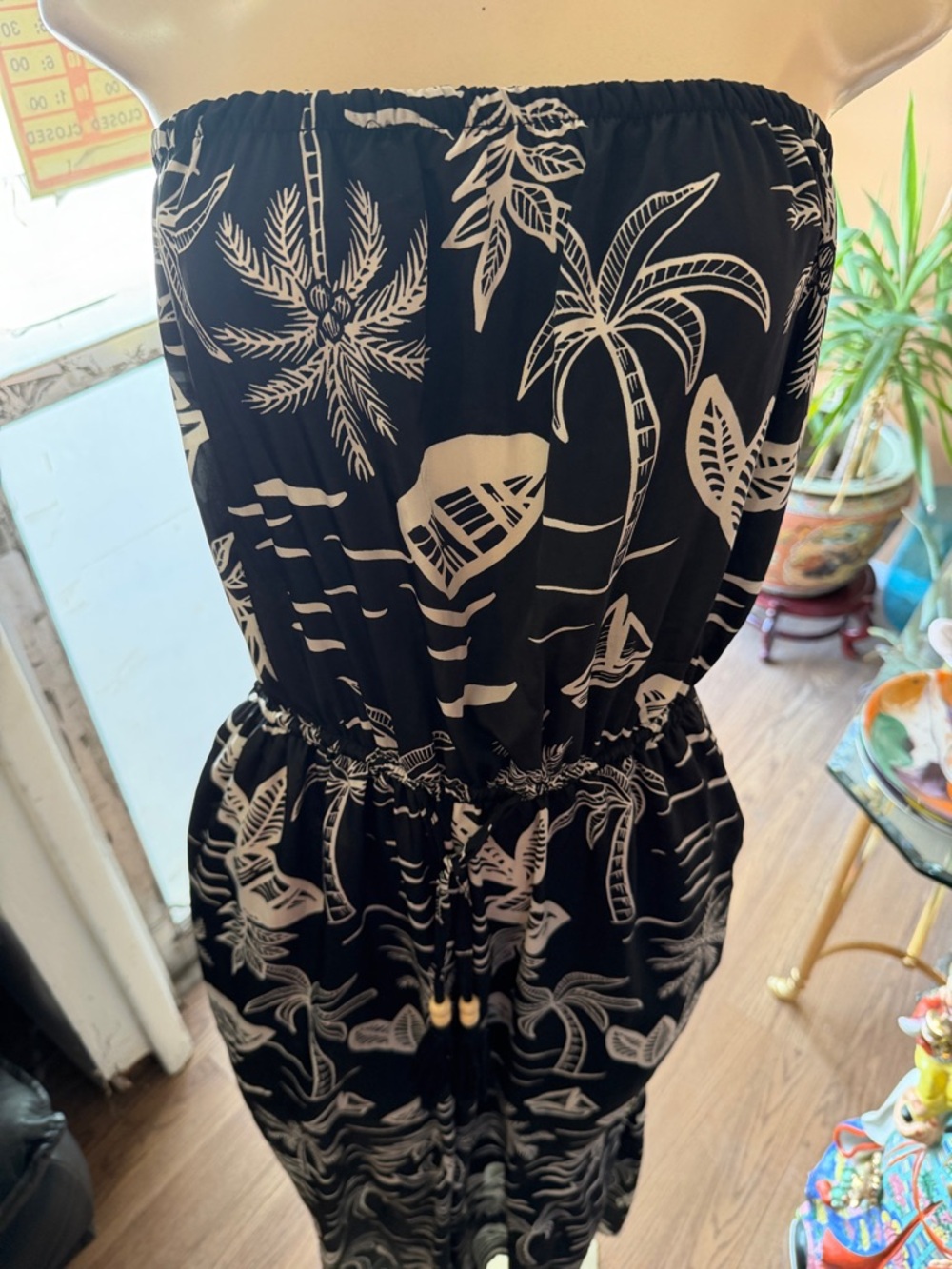 Black & White Tropical Print Strapless Kids One-Piece